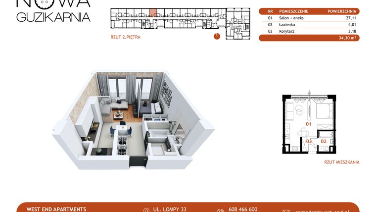 Rzut - Mieszkanie na sprzedaż 1 pokój o powierzchni 34,47 m² - numer B2.2.20 w Nowa Guzikarnia