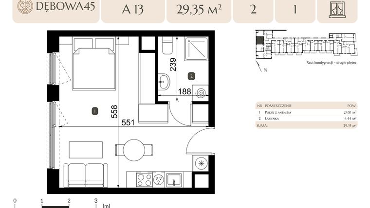 Rzut - Mieszkanie na sprzedaż 1 pokój o powierzchni 29,35 m² - numer A.13 w Dębowa 45