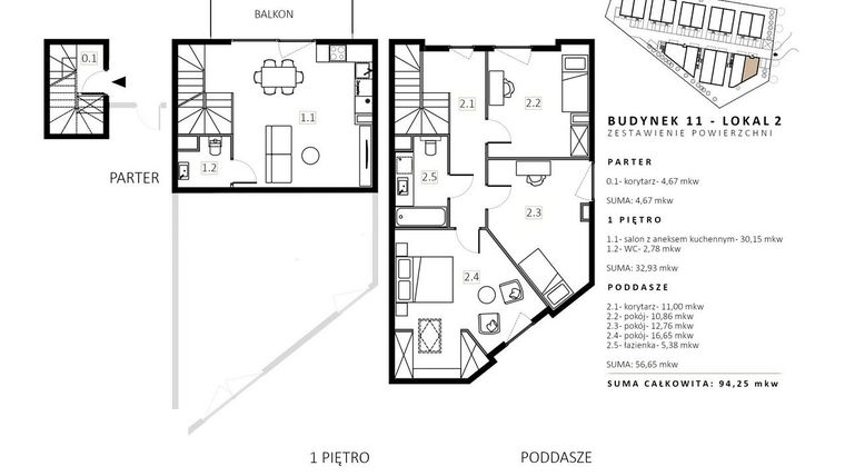 Rzut - Mieszkanie na sprzedaż 3 pokoje o powierzchni 94,25 m² - numer B11/M2 w Wille Estezja