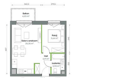 Rzut - Mieszkanie na sprzedaż 2 pokoje o powierzchni 37,8 m² - numer 1/A/2/47 w Oliwska Vita