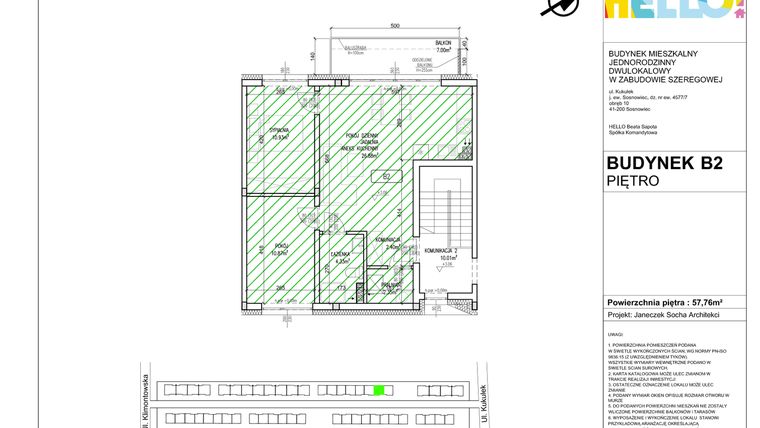 Rzut - Mieszkanie na sprzedaż 3 pokoje o powierzchni 57,76 m² - numer B2.2 w HELLO! KUKUŁKI bud. B