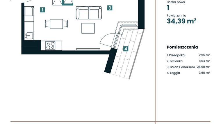 Rzut - Mieszkanie na sprzedaż 1 pokój o powierzchni 34,39 m² - numer M201 w Sea Breeze