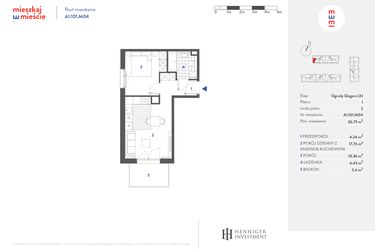 Rzut - Mieszkanie na sprzedaż 2 pokoje o powierzchni 36,77 m² - numer A1.101.M04 w Mieszkaj w mieście - Ogrody Glogera