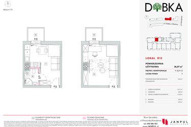 Rzut - Mieszkanie na sprzedaż 1 pokój o powierzchni 36,07 m² - numer B12 w Dobka