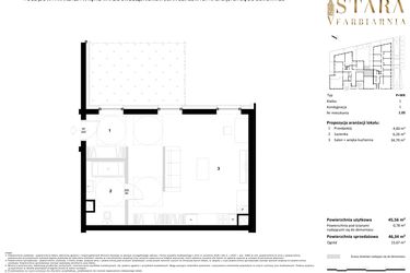 Rzut - Mieszkanie na sprzedaż 1 pokój o powierzchni 46,34 m² - numer 1.05 w Stara Farbiarnia