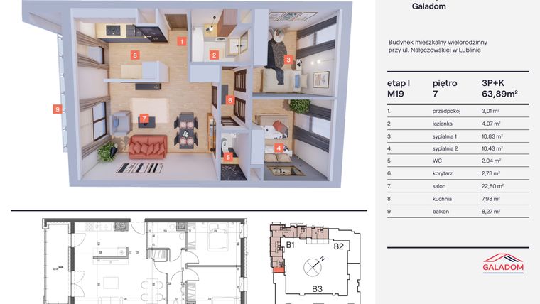 Rzut - Mieszkanie na sprzedaż 3 pokoje o powierzchni 63,89 m² - numer M-19 w Nałęczowska