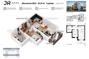 Rzut - Mieszkanie na sprzedaż 2 pokoje o powierzchni 43,31 m² - numer M33 w JR Nowa
