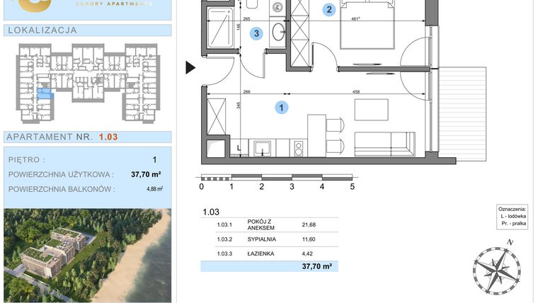 Rzut - Mieszkanie na sprzedaż 1 pokój o powierzchni 37,7 m² - numer 1.3 w Ustronie Luxury Apartments
