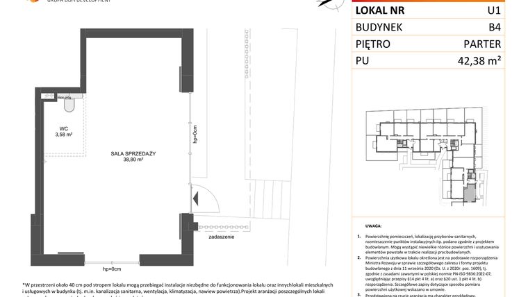 Rzut - Lokal użytkowy na sprzedaż 1 pokój o powierzchni 42,38 m² - numer U1 w Osiedle Przy Błoniach 3