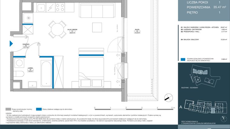 Rzut - Mieszkanie na sprzedaż 1 pokój o powierzchni 35,47 m² - numer A.2.2.3 w Meri Apartamenty
