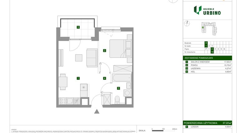Rzut - Mieszkanie na sprzedaż 2 pokoje o powierzchni 37,22 m² - numer 18 w Osiedle Urbino etap 1.4