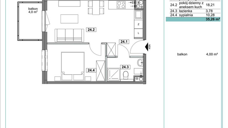 Rzut - Mieszkanie na sprzedaż 2 pokoje o powierzchni 35,4 m² - numer D.24 w Osiedle Kościuszki etap II