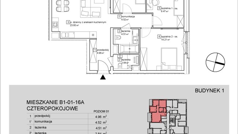 Rzut - Mieszkanie na sprzedaż 2 pokoje o powierzchni 73,75 m² - numer B1-01-16A w Francuska Park IX
