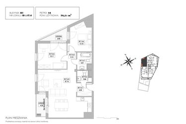 Rzut - Mieszkanie na sprzedaż 3 pokoje o powierzchni 78,48 m² - numer B1.17.4 w Alvarium 2.0