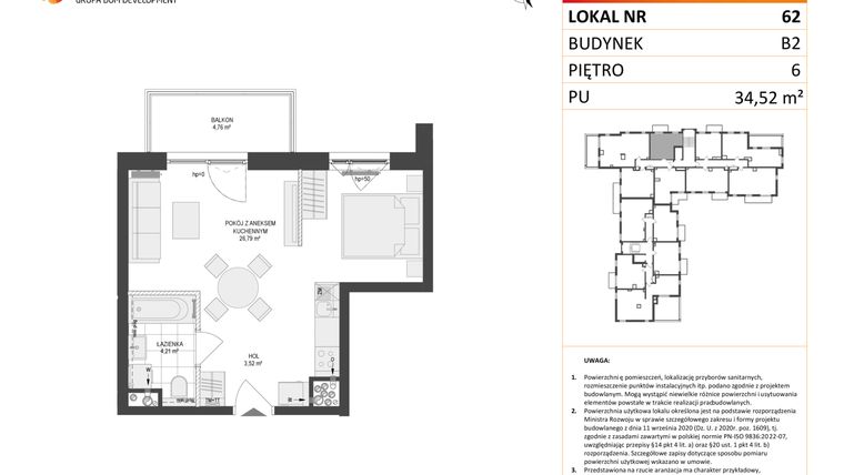 Rzut - Mieszkanie na sprzedaż 1 pokój o powierzchni 34,52 m² - numer 62 w Locus 2 bud. B2