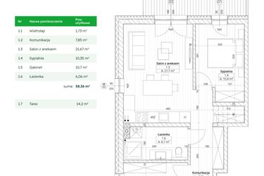 Rzut - Mieszkanie na sprzedaż 3 pokoje o powierzchni 58,36 m² - numer C1M1 w Nefrytowa Park