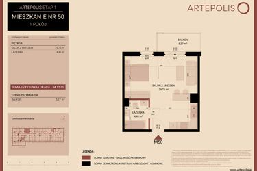 Rzut - Mieszkanie na sprzedaż 1 pokój o powierzchni 34,15 m² - numer 50 w Artepolis
