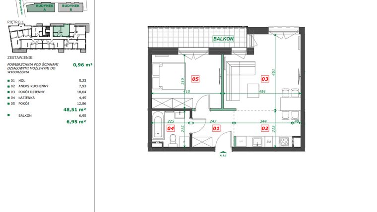 Rzut - Mieszkanie na sprzedaż 2 pokoje o powierzchni 49,47 m² - numer A.1.1 w Apartamenty Pszczyńska