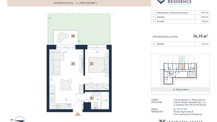Rzut - Mieszkanie na sprzedaż 2 pokoje o powierzchni 36,1 m² - numer 4 w Wypoczynkowa Residence - apartamenty inwestycyjne