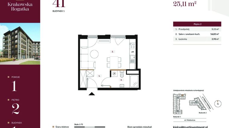 Rzut - Mieszkanie na sprzedaż 1 pokój o powierzchni 25,11 m² - numer 1.M41 w Krakowska Rogatka