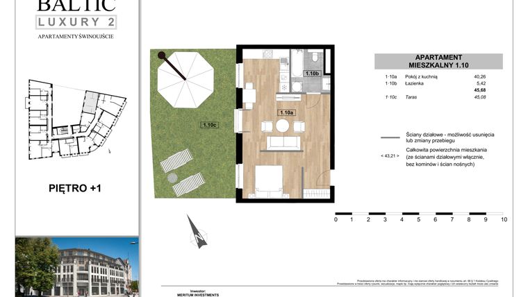 Rzut - Mieszkanie na sprzedaż 1 pokój o powierzchni 45,68 m² - numer 1.10 w Baltic Luxury 2