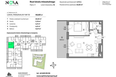 Rzut - Mieszkanie na sprzedaż 2 pokoje o powierzchni 45,6 m² - numer 10 w Nova Radiostacja
