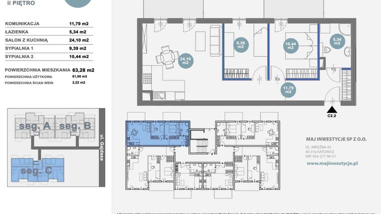Rzut - Mieszkanie na sprzedaż 3 pokoje o powierzchni 61,06 m² - numer C2.2 w Nowy Radzionków