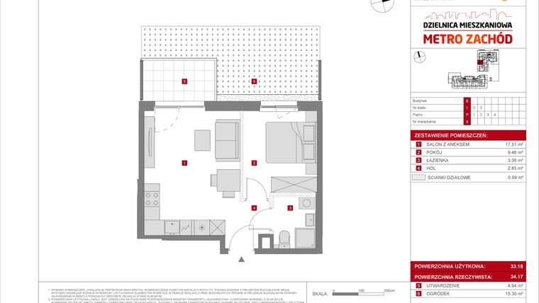 Rzut - Mieszkanie na sprzedaż 2 pokoje o powierzchni 33,18 m² - numer B.6 w Dzielnica Mieszkaniowa Metro Zachód - etap 8.2