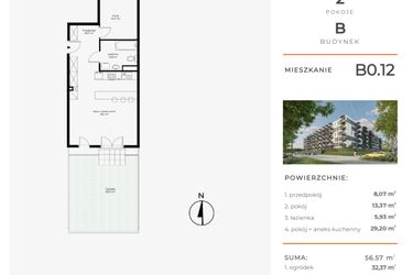 Rzut - Mieszkanie na sprzedaż 2 pokoje o powierzchni 56,57 m² - numer B0.12 w Enklawa Bukowa II