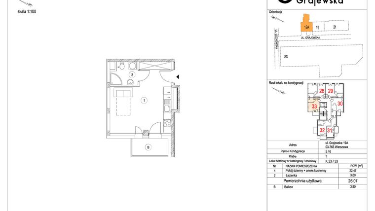 Rzut - Mieszkanie na sprzedaż 1 pokój o powierzchni 26,08 m² - numer M-33 w Apartamenty Grajewska