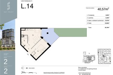 Rzut - Mieszkanie na sprzedaż 2 pokoje o powierzchni 40,57 m² - numer L14 w Sky Trust etap II - apartamenty inwestycyjne 23% VAT PRS
