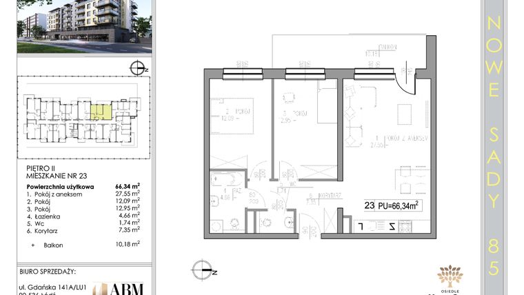 Rzut - Mieszkanie na sprzedaż 3 pokoje o powierzchni 66,6 m² - numer 23 w Nowe Sady 85