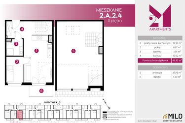 Rzut - Mieszkanie na sprzedaż 3 pokoje o powierzchni 81,38 m² - numer 2.A.2.4 w Maślice Wrocław Milo Dobry Deweloper etap III