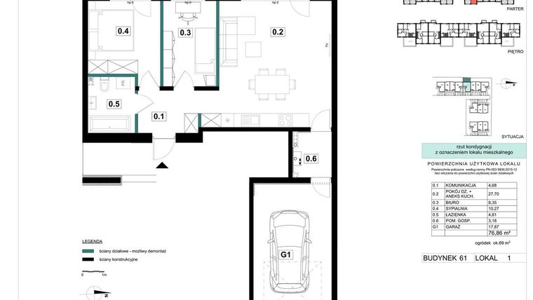 Rzut - Mieszkanie na sprzedaż 3 pokoje o powierzchni 76,86 m² - numer 61-1 w Błonie Bosco