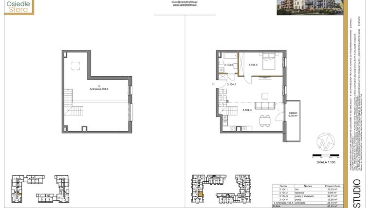 Rzut - Mieszkanie na sprzedaż 2 pokoje o powierzchni 87,43 m² - numer 104 w Osiedle Sfera etap II