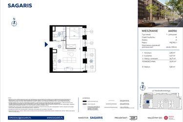Rzut - Mieszkanie na sprzedaż 1 pokój o powierzchni 33,93 m² - numer AA0106 w Niedziałkowskiego Park