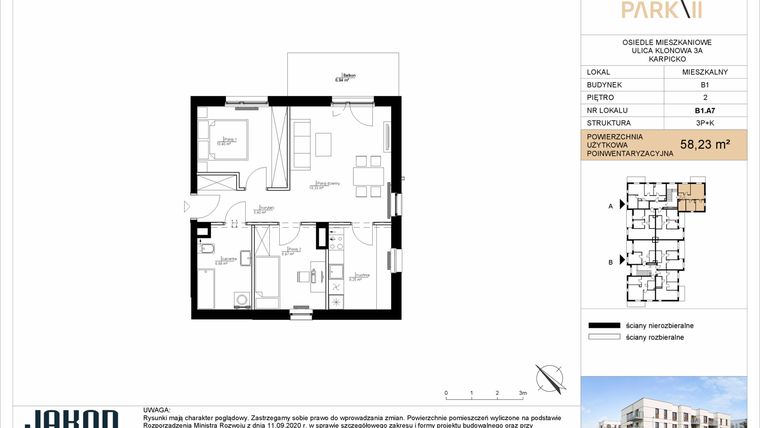 Rzut - Mieszkanie na sprzedaż 3 pokoje o powierzchni 58,23 m² - numer B1.A7 w Merano Park II