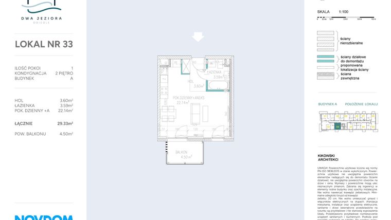 Rzut - Mieszkanie na sprzedaż 1 pokój o powierzchni 29,33 m² - numer A.33 w Dwa Jeziora AB