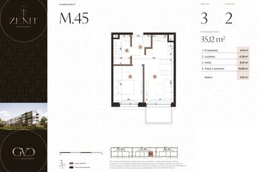 Rzut - Mieszkanie na sprzedaż 2 pokoje o powierzchni 35,12 m² - numer M45 w Zenit Głowackiego