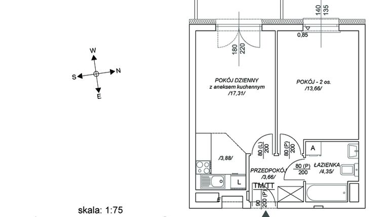 Rzut - Mieszkanie na sprzedaż 2 pokoje o powierzchni 38,98 m² - numer M69 w Osiedle Mała Dziesiąta etap II
