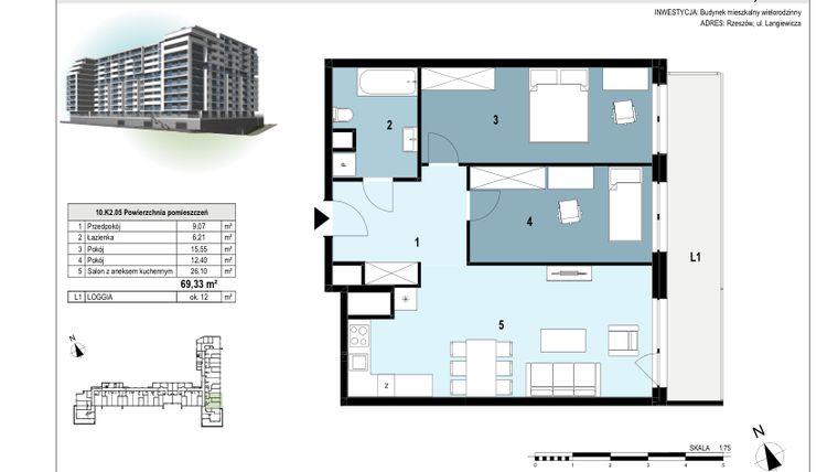 Rzut - Mieszkanie na sprzedaż 3 pokoje o powierzchni 69,49 m² - numer 10.K2.05 w Langiewicza 37