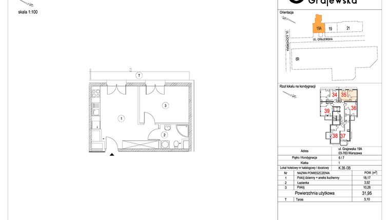 Rzut - Mieszkanie na sprzedaż 2 pokoje o powierzchni 32 m² - numer M-35 w Apartamenty Grajewska