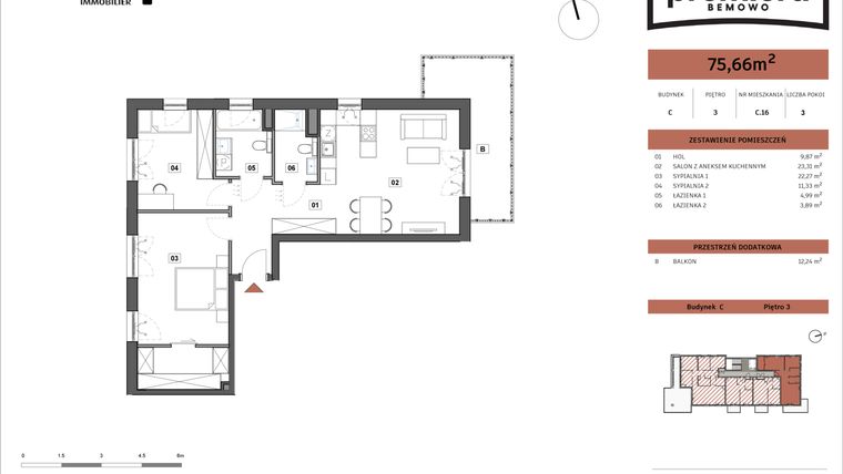 Rzut - Mieszkanie na sprzedaż 3 pokoje o powierzchni 75,66 m² - numer C.16 w Premiera Bemowo