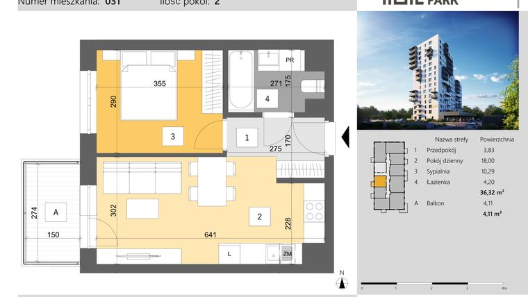 Rzut - Mieszkanie na sprzedaż 2 pokoje o powierzchni 36,32 m² - numer 31 w Dworzysko Park - Etap III