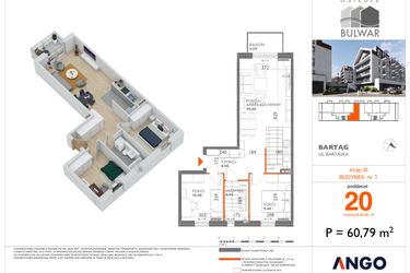 Rzut - Mieszkanie na sprzedaż 3 pokoje o powierzchni 60,79 m² - numer B3.20 w Bulwar bud. 3