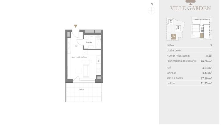 Rzut - Mieszkanie na sprzedaż 1 pokój o powierzchni 26,06 m² - numer A.25 w Ville Garden