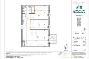 Rzut - Mieszkanie na sprzedaż 3 pokoje o powierzchni 53,91 m² - numer J1-12 w Park Leśny Rembertów etap VIII