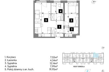 Rzut - Mieszkanie na sprzedaż 3 pokoje o powierzchni 51,92 m² - numer A2/1/8 w Metr Kwadrat