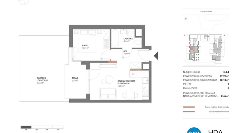 Rzut - Mieszkanie na sprzedaż 2 pokoje o powierzchni 38,18 m² - numer H.0.4 w Łopuszańska 47 - etap 3