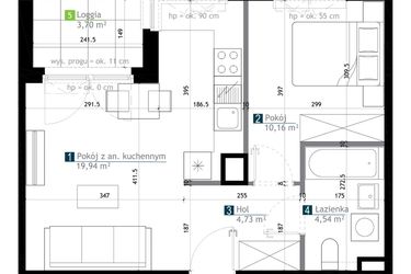 Rzut - Mieszkanie na sprzedaż 2 pokoje o powierzchni 39,37 m² - numer AA0107 w M Bemowo 3